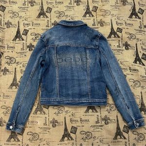 BEBE Blue Wash Silver Rhinestone Back Logo Jean Jacket Size S